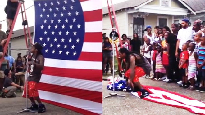 Rap star Lil Wayne was filmed trampling all over the American flag while shooting a new music video for the song “God Bless Amerika in New Orleans this past weekend.